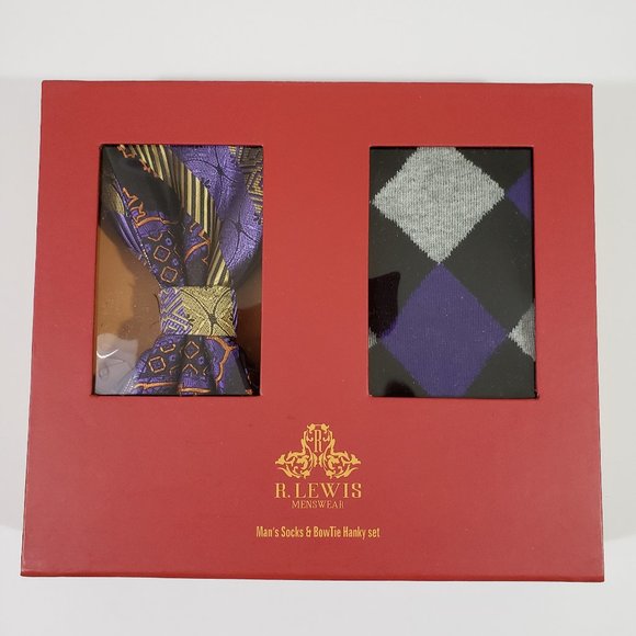 Robert Lewis Plum Bow Tie Hanky Socks Box 3 Set - Picture 6 of 7